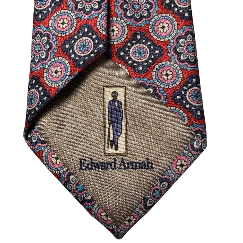 Edward Armah 100% Geo Silk Tie Red and Blue Pattern NWT